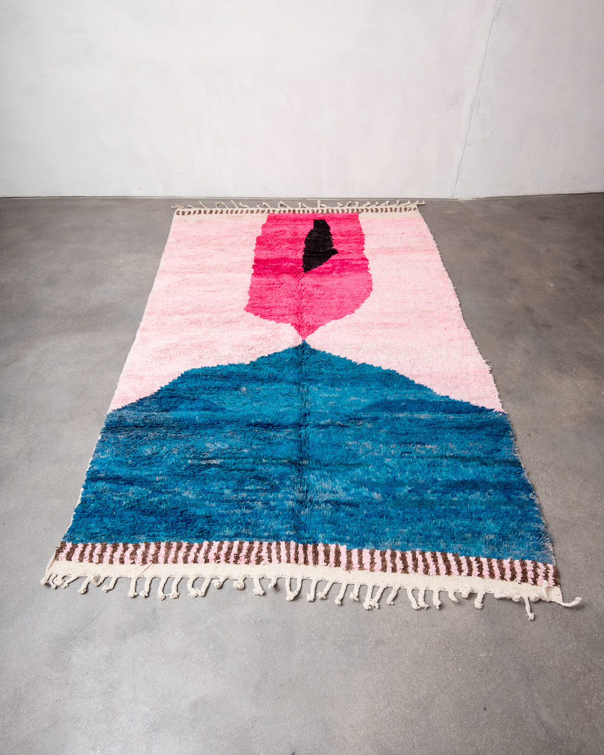 Modern, designer, handcrafted Berber rug from Morocco. Vintage carpet with beautiful colours and patterns and fluffy texture.